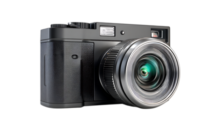 Black camera with silver lens isolated on transparent background, a classic design