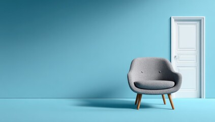 A minimalist interior with a gray chair, white door, and light blue walls and floor