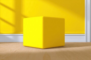 A vibrant yellow cube sits on a wooden floor, against a yellow wall with light and shadows