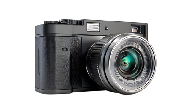 Black camera with silver lens isolated on transparent background, a classic design