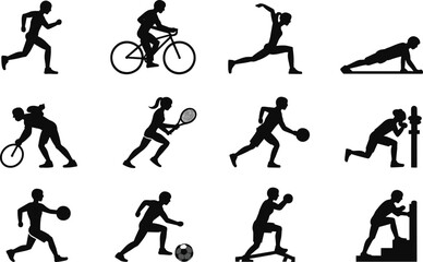 Silhouettes of people performing various sports and fitness activities person woman