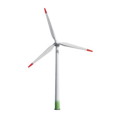 Realistic white wind turbine with red tipped blades and green base isolated on a transparent background