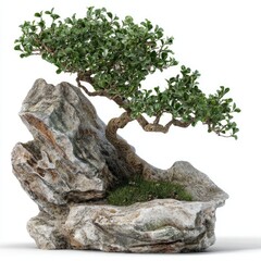 Bonsai Tree on Rocks Against White Background