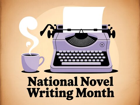 Vintage typewriter and steaming coffee cup celebrate national novel writing month inspiration - Powered by Adobe