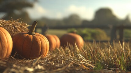 Vibrant Orange Pumpkins Resting on Straw in Lush Farm Field with Soft Morning Light for Autumn Harvest Themes