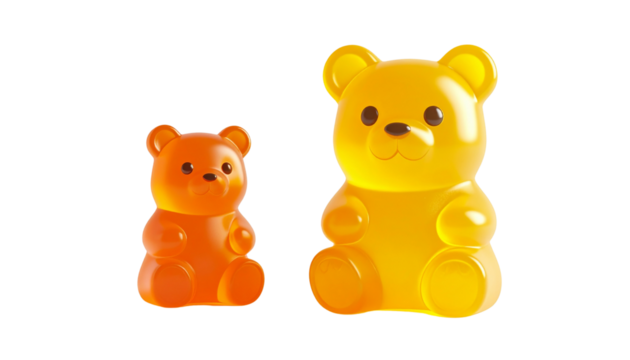 Candy collection with yellow and orange gummy bears, isolated on transparent background