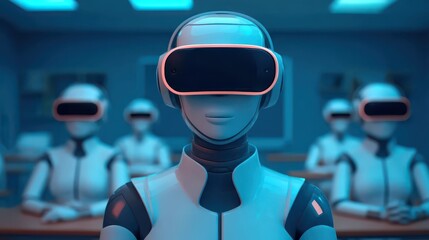 A futuristic classroom scene with humanoid robots wearing VR headsets, suggesting advanced technology and digital learning environments.