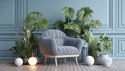 A plush armchair nestles amidst lush greenery and decorative spheres against a teal paneled wall