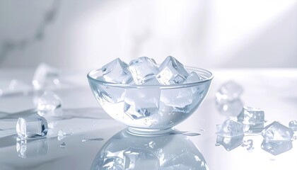 Bowl of clear ice cubes on a reflective surface with scattered ice