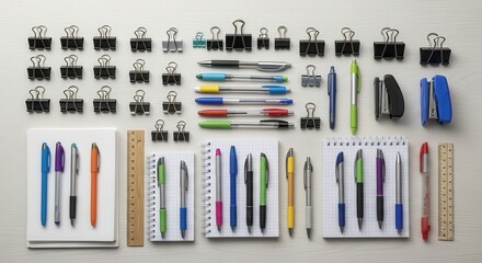 Overhead shot of assorted stationery on white surface