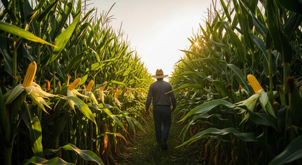 Farmer walking through vibrant green cornfield at sunset for agriculture industry promotions and rural lifestyle advertising campaigns with optimistic feel