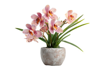 Orchid Cymbidium in rustic pot on transparent background