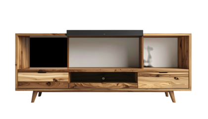Wooden entertainment center features a natural wood grain finish, constructed with open shelving and drawers for storage.