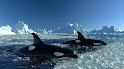 Fototapeta premium Two orcas swim amidst Arctic icebergs