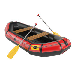 Red and black inflatable raft with wooden seats and yellow paddles isolated on a transparent background