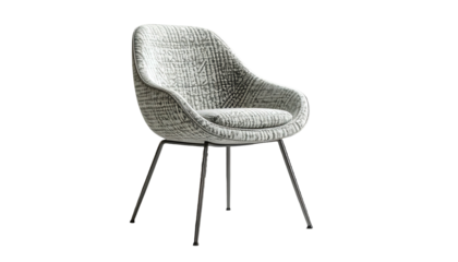 Modern chair featuring a rounded back and cushioned seat with patterned textile cover, the chair has a minimalist design, supported by thin metal legs and set against a dark, solid background,...