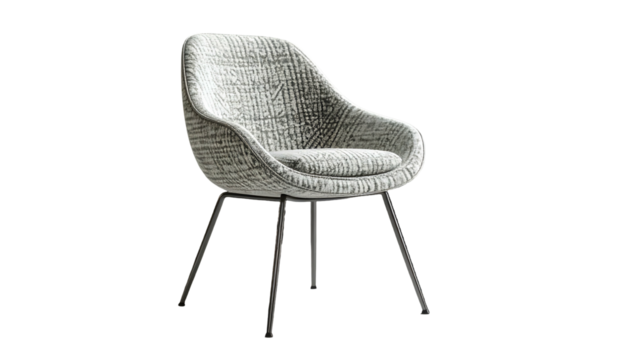 Modern chair featuring a rounded back and cushioned seat with patterned textile cover, the chair has a minimalist design, supported by thin metal legs and set against a dark, solid background,...