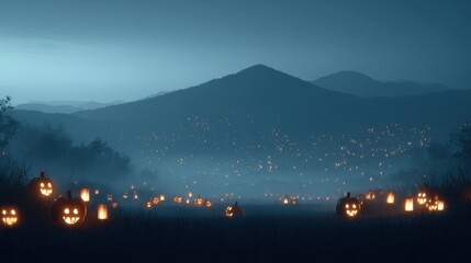 Spooky Halloween Night Landscape with Glowing Jack-O'-Lanterns in a Foggy Rural Setting Surrounded by Hills and Distant Lights