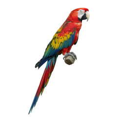 Scarlet macaw parrot with vibrant red yellow and blue plumage perched on branch isolated on a transparent background