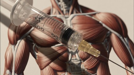 Syringe Injecting Liquid into Anatomical Model of Human Muscles and Tissues for Medical and Educational Purposes