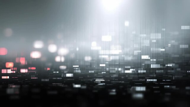 Dynamic scene illuminated digital blocks, blurred lights creates sense advanced technology, virtual environments. Ideal for themes involving data science, AI, digital transformation