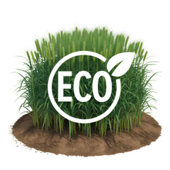 White E C O symbol overlaying lush green wheat crop on brown soil isolated on a transparent background