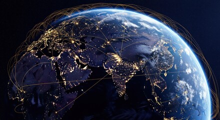 Illuminated view of the Earth at night, highlighting the continents with bright city lights and interconnected communication lines, set against a dark blue space with subtle clouds and a glowing...