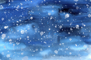 Abstract watercolor winter template. Dark blue night sky with snowfall, snowflake. White splashes art. Snowy background. New Year, Christmas packaging design, decoration, greeting card, banner, frame