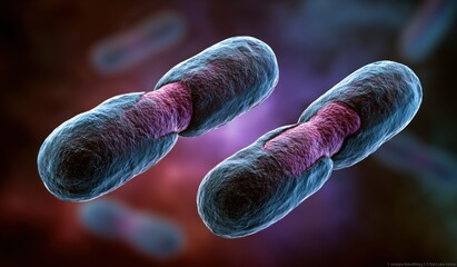 Microscopic illustration of dividing rod-shaped cells with a pink/purple central area