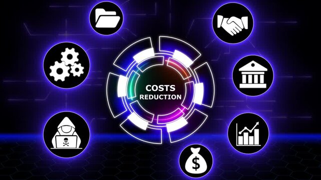 Animated neon costs reduction iconography with business and financial symbols.4k animation