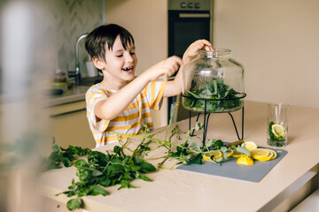 Laughing boy making lemonade with mint at home, preparing fresh summer drink in kitchen