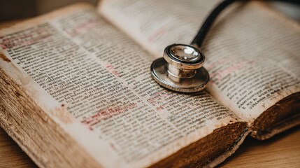 Old Medical Textbook with Stethoscope on Wooden Table, Symbolizing Healthcare and Medical Education Through the Ages