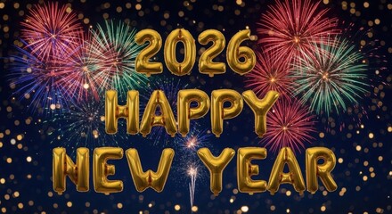 Golden 2026 happy new year balloons with fireworks display celebration