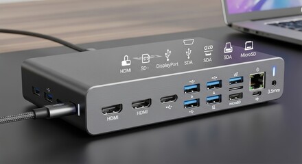 Docking station with multiple ports for device connectivity on a desk