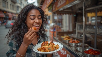 Gastronomic Delight: Capturing a candid moment, a woman savoring a delectable food in an bustling urban environment, embodying the essence of culinary experience.