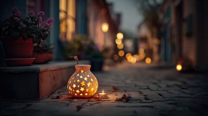 Glowing Lantern on Cobblestone Pathway in Charming Evening Streets with Soft Bokeh Lights and Flower Pots