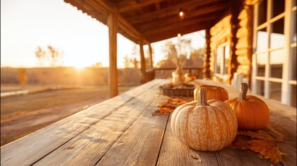 Cozy Autumn Scene with Pumpkins on Wooden Table Under Soft Sunset Light Creating Warm Atmosphere in Nature's Embrace