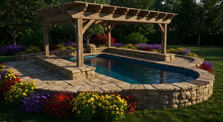 Obraz premium Outdoor pool with wooden pergola surrounded by lush garden and colorful flowers