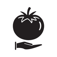 Tomato icon vector illustration isolated on white. Tomato logo stencil. Vegetable silhouette symbol, hand on a tomato.