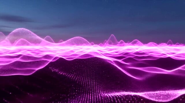 Abstract purple light waves moving in digital space creating a futuristic background landscape