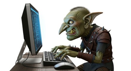Cartoon goblin troll typing on computer keyboard isolated on white background