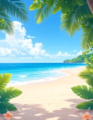 Tropical beach scene framed by palm trees (1)