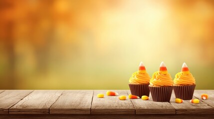 Colorful Halloween Cupcakes with Candy Corn Topping on Rustic Wooden Table in Autumn Setting with Blurred Background