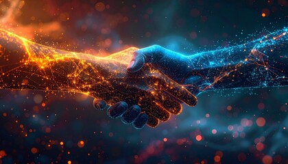 Dynamic Digital Handshake Symbolizing Global Collaboration, Technological Integration, and Synergistic Partnership in a Connected World