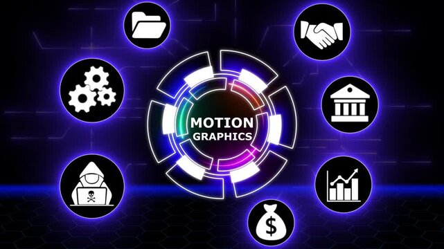 Animated motion graphics displaying finance and technology related concepts and icons.