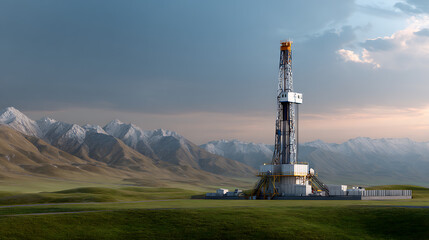 Tall Oil Drilling Rig Standing on Green Field with Mountain Backdrop Under Cloudy Sky