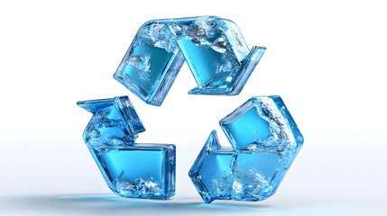 Recycle icon glass water splash 3d blue symbol loop clean energy, recycle icon glass water splash 3d blue symbol loop clean energy shine transparent eco concept with refreshing dynamic motion