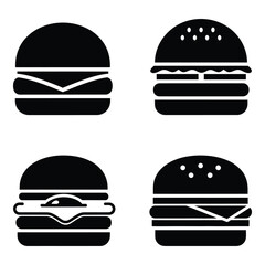 Four stylized black silhouette burger icons featuring different toppings and cheese layers silhouette