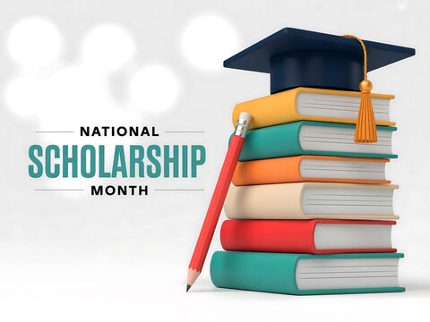 Celebrating national scholarship month with a stack of books and a graduation cap
