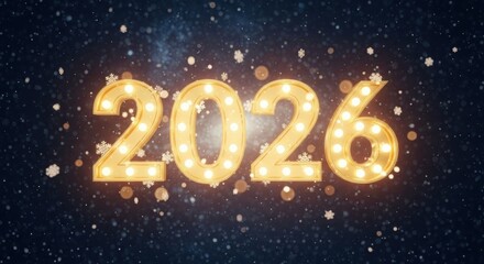 Bright 2026 marquee lights announcing the new year celebration with festive sparkles